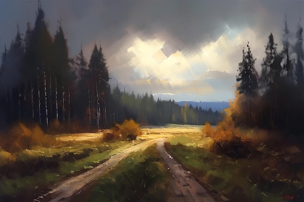 Una pintura de un bosque con un cielo nublado.