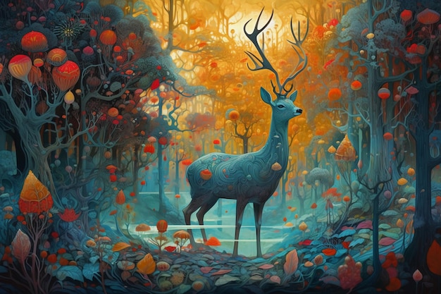 pintura bosque de ciervos con ramas de hojas de naranja