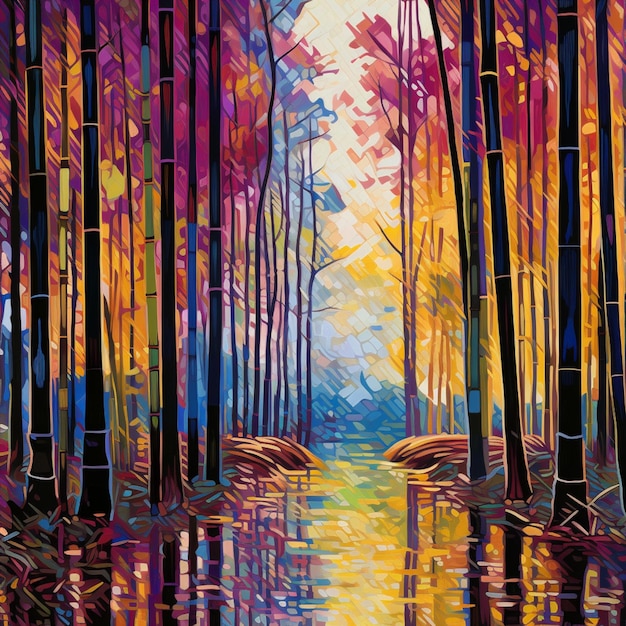 pintura de un bosque colorido con un río y árboles generativo ai