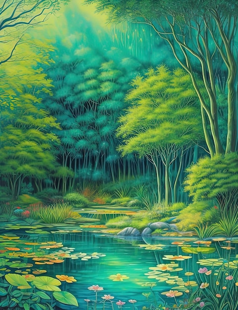 pintura de un bosque con un estanque y árboles en el fondo