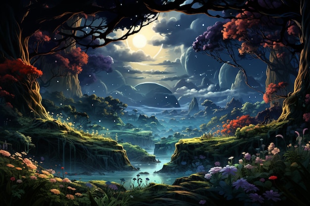 una pintura de un bosque de fantasía con un río y una luna generativa ai