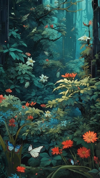 Una pintura de un bosque con flores y plantas.