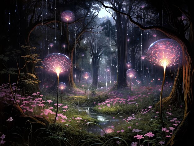 una pintura de un bosque con flores púrpuras y un arroyo que tiene una luz en él