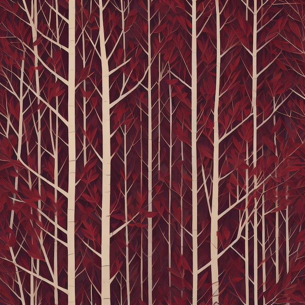 Una pintura de un bosque con un fondo rojo con las ramas de abedules.