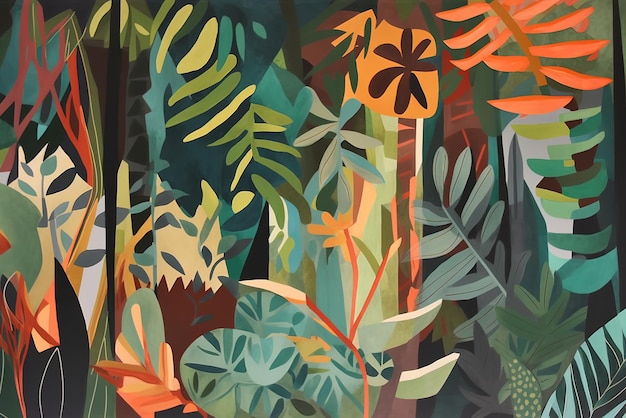 Una pintura de un bosque con un fondo verde y una planta frondosa.