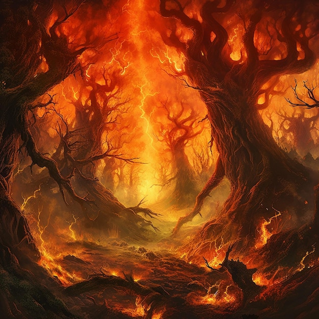 Una pintura de un bosque con fuego y las palabras fuego en él.