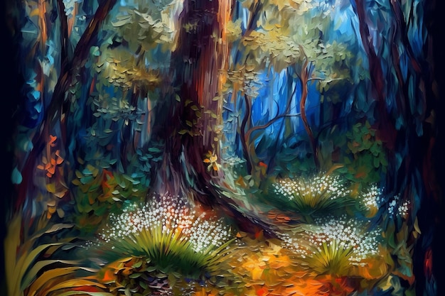 Una pintura de un bosque con un gran árbol en medio.