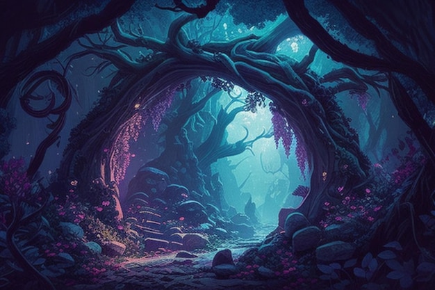 Una pintura de un bosque con un gran túnel de árboles.