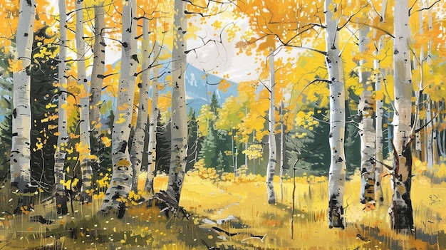 pintura de un bosque con hojas amarillas y una montaña en el fondo generativo ai