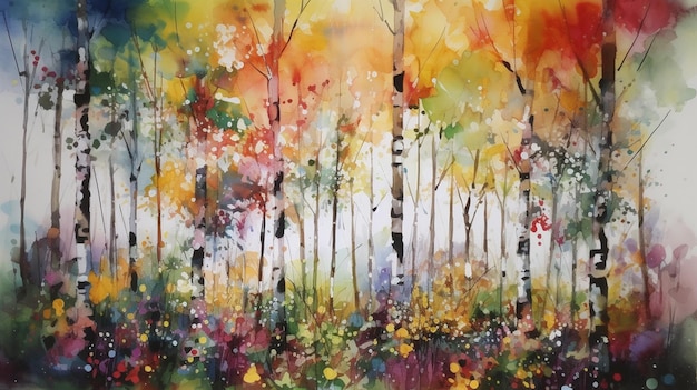 Una pintura de un bosque con hojas y árboles coloridos.