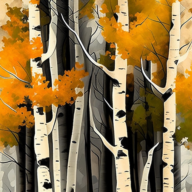 Una pintura de un bosque con hojas de naranja en los árboles.