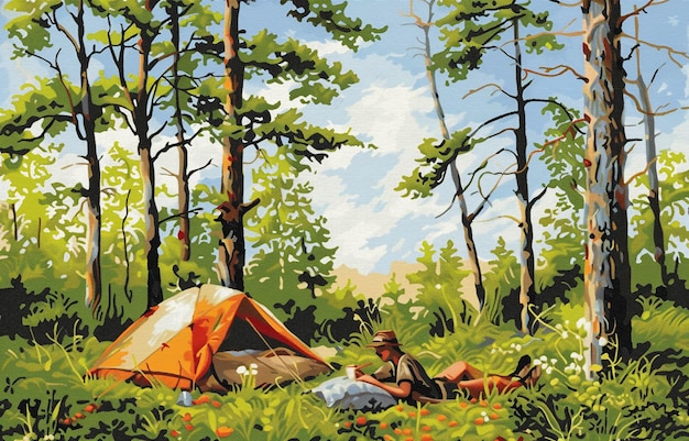 una pintura de un bosque con un hombre y una tienda