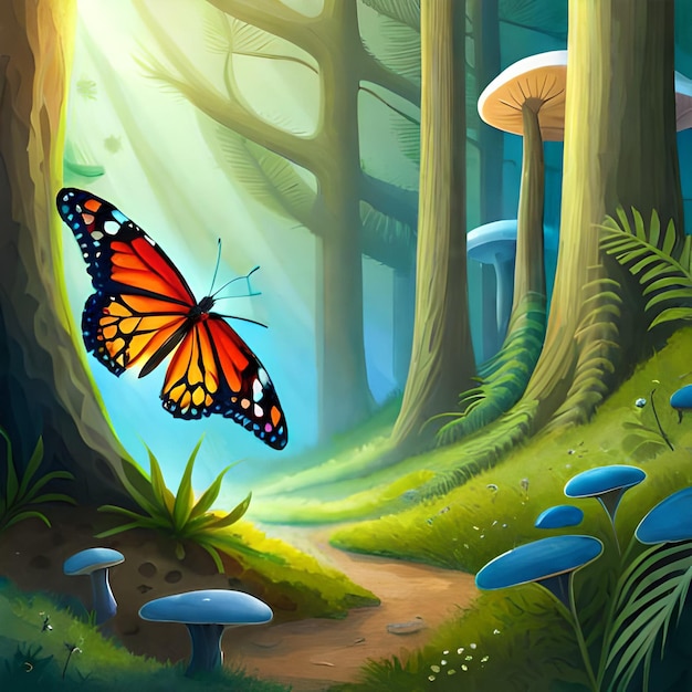 Una pintura de un bosque con un hongo grande y una mariposa en la parte superior.