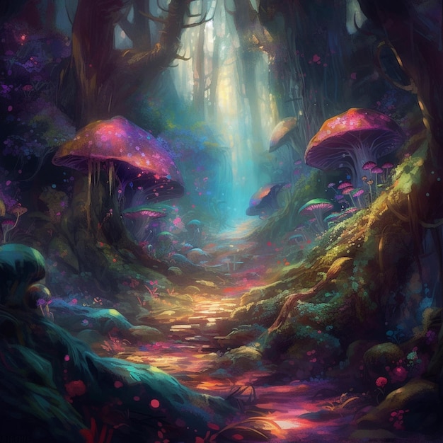 Una pintura de un bosque con un hongo morado.