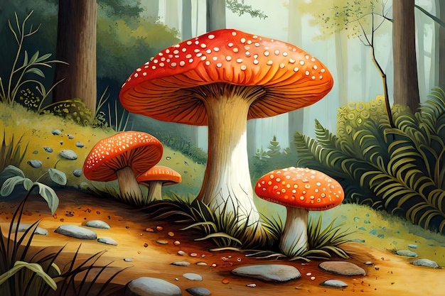 Una pintura de un bosque con un hongo rojo.