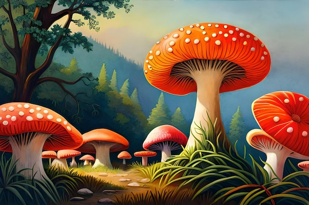 Una pintura de un bosque con un hongo rojo.