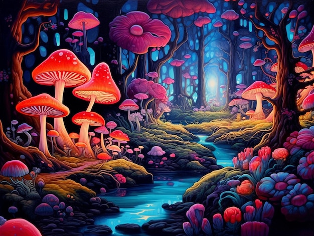 Una pintura de un bosque con hongos y un arroyo azul.