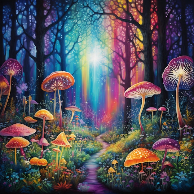 pintura de un bosque con hongos y un camino que conduce a una luz brillante generativa ai