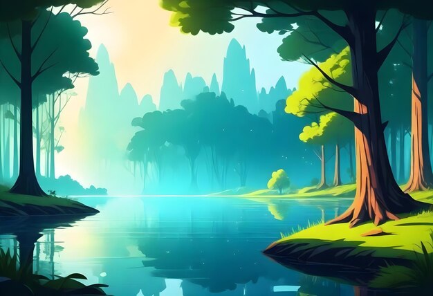 una pintura de un bosque con un lago y árboles en el fondo