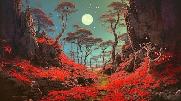 Una pintura de un bosque con una luna al fondo.