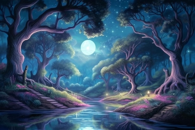 Una pintura de un bosque con una luna al fondo.