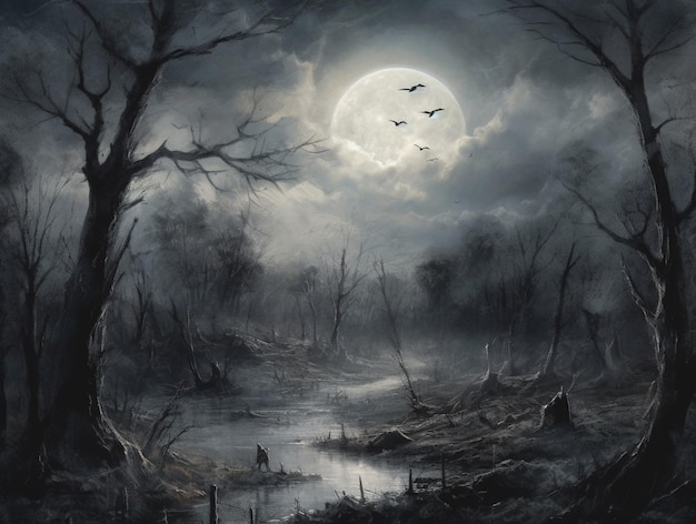 Una pintura de un bosque con una luna al fondo.