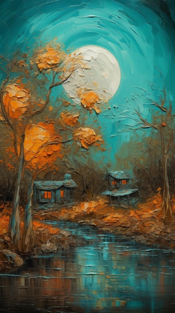 Una pintura de un bosque con una luna y una casa al fondo.