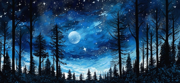 Una pintura de un bosque con la luna en el cielo.