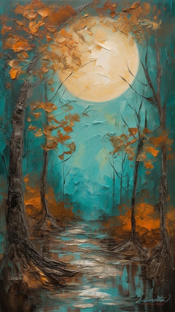 Una pintura de un bosque con una luna en el cielo.