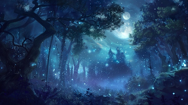 una pintura de un bosque con una luna y estrellas en el cielo