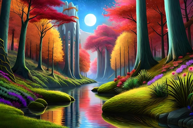 Una pintura de un bosque con una luna en el fondo