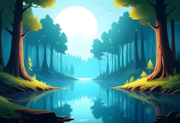 una pintura de un bosque con una luna llena en el fondo