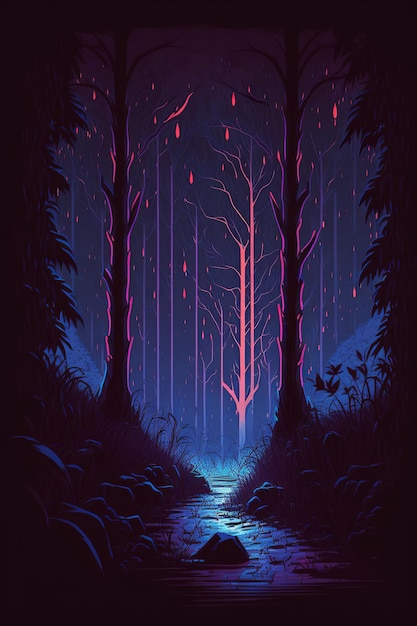 Una pintura de un bosque con luz azul y un arroyo con luz roja.