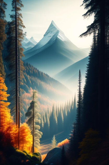 Una pintura de un bosque con una montaña al fondo.