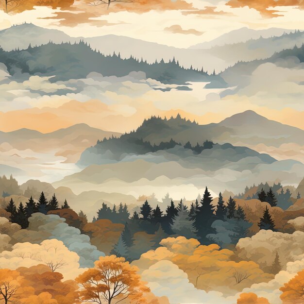 una pintura de un bosque con montañas y nubes