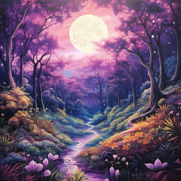 Pintura de un bosque morado con un arroyo y flores ai generativo.