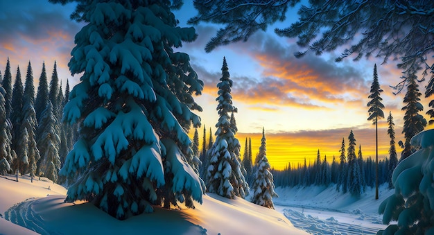 Foto pintura de bosque nevado al atardecer en luna de navidad