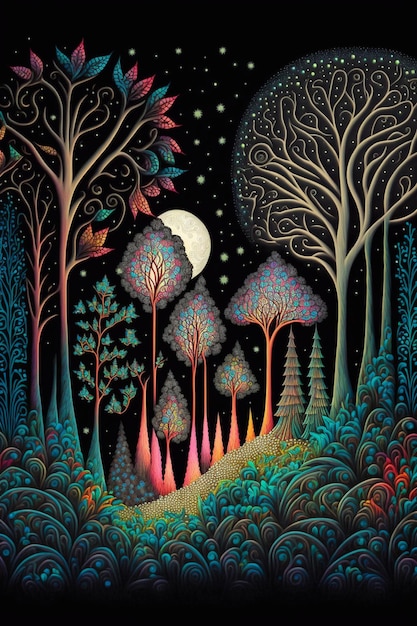 Pintura de un bosque de noche con luna llena ai generativo