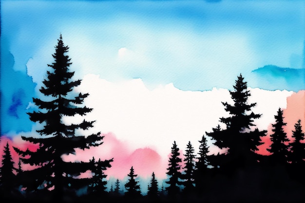 Una pintura de un bosque con una nube rosa en el cielo.