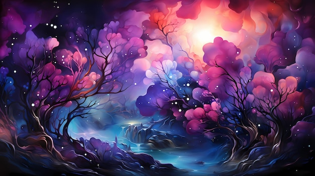 una pintura de un bosque con nubes púrpuras y el sol brillando a través de las nubes