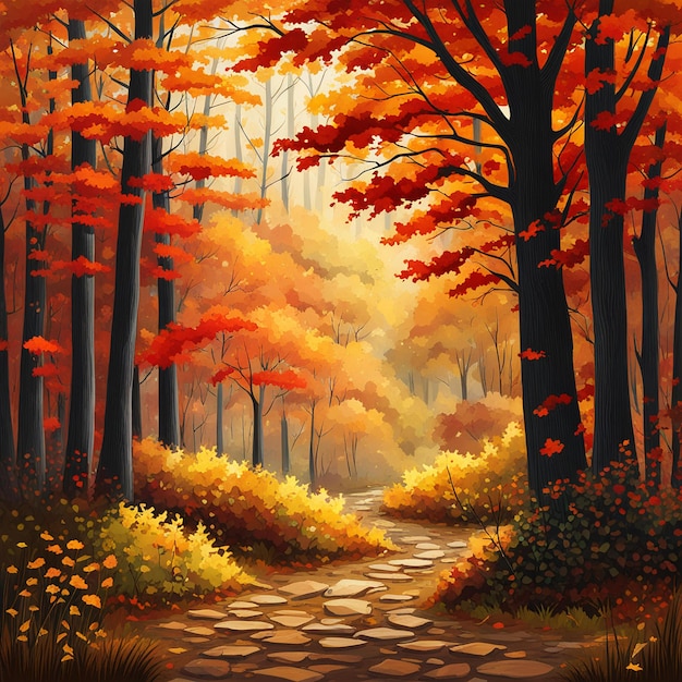 Pintura de bosque de otoño