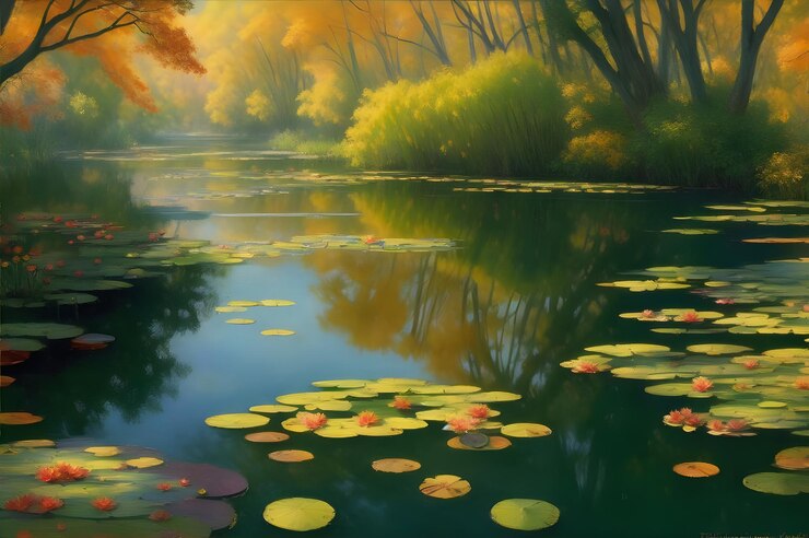 una pintura de un bosque con pads de lirio en el agua