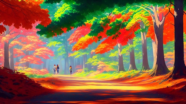 Una pintura de un bosque con una pareja caminando por la carretera.