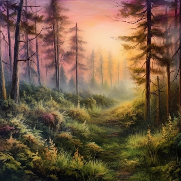 Una pintura de un bosque con una puesta de sol de fondo.