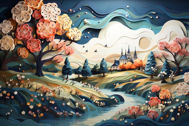 una pintura de un bosque con un río y un castillo
