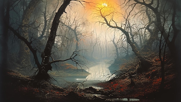 Una pintura de un bosque con un río en primer plano y el sol brillando a la derecha.