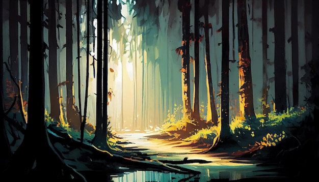 Una pintura de un bosque con el sol brillando sobre los árboles.