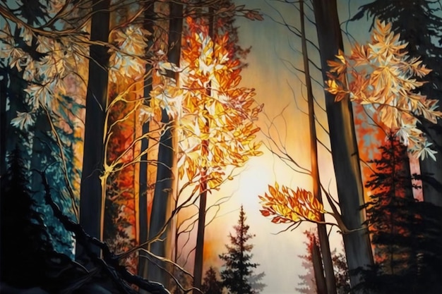 Una pintura de un bosque con el sol brillando a través de los árboles.