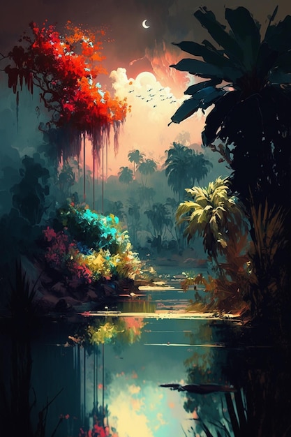 Una pintura de un bosque tropical con una isla tropical al fondo.