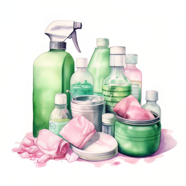 Una pintura de una botella verde de productos de limpieza con un atomizador en la parte superior.